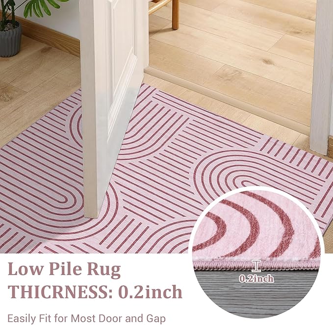Washable Rug 8x10 Area Rugs for Living Room, Abstract Rug for Bedroom, Soft Rainbow Non Slip Throw Rugs with Rubber Back, Low Pile Stain Resistant Boho Geometric Carpet for Dining Room, Pink