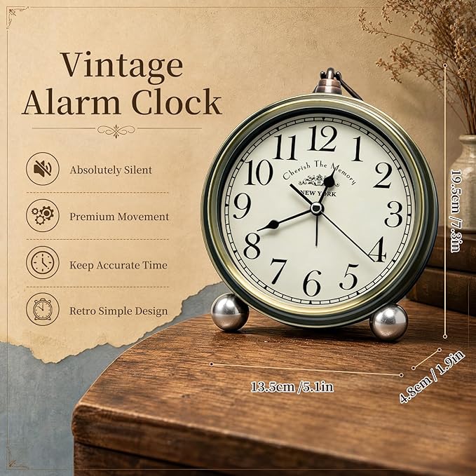 Metal Analog Alarm Clock - 5'' Battery Operated Silent Non-Ticking Quartz Antique Retro Small Desk Clocks for Bedside Bedrooms Living Room Office Home Decor (Bronze)