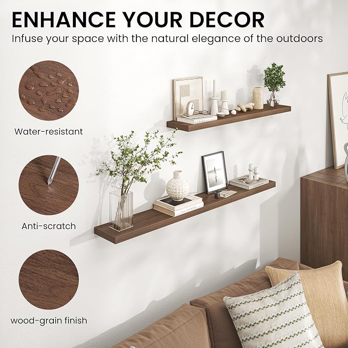 Heimlove 55 Inch Floating Shelves for Wall,Extra Long Mounted Storage wall Shelves with Invisible Metal Bracket for Bedroom Living Room Kitchen Office Set of 2,Walnut Color