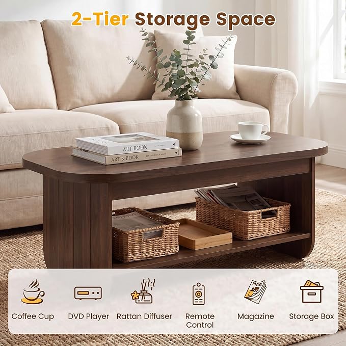 Giantex Oval Coffee Table, 47" Mid Century Modern Center Table with Storage Shelf & Round Corner, 2-Tier Accent Cocktail Tea Table, Wood Coffee Table for Living Room, Small Spaces (Espresso)