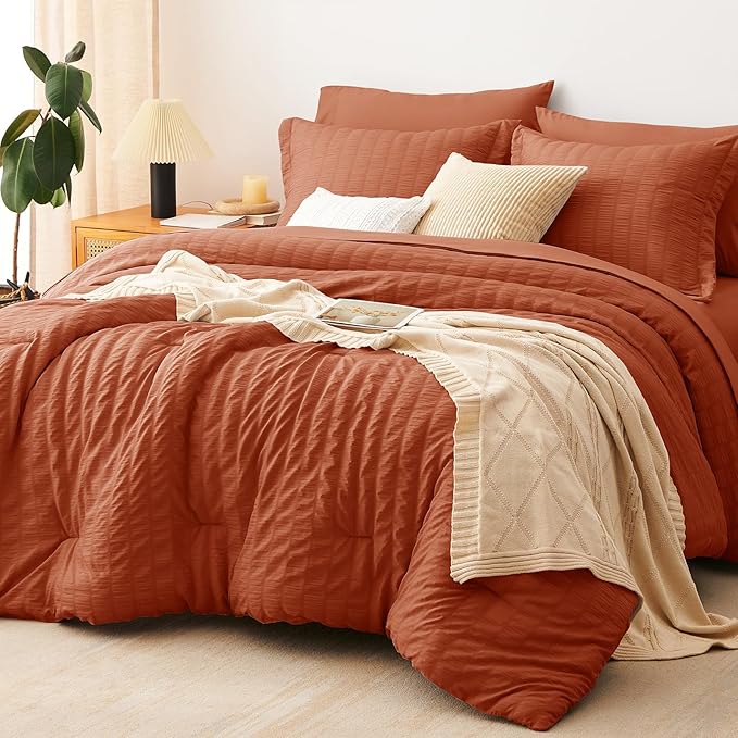 CozyLux Oversized King Comforter Set with Sheets, 7 Pieces 120"x98" Burnt Orange Seersucker Bed in a Bag, Terracotta Bedding Set with Down Alternative Comforter, Sheets, Pillowcases & Shams, Home Gift