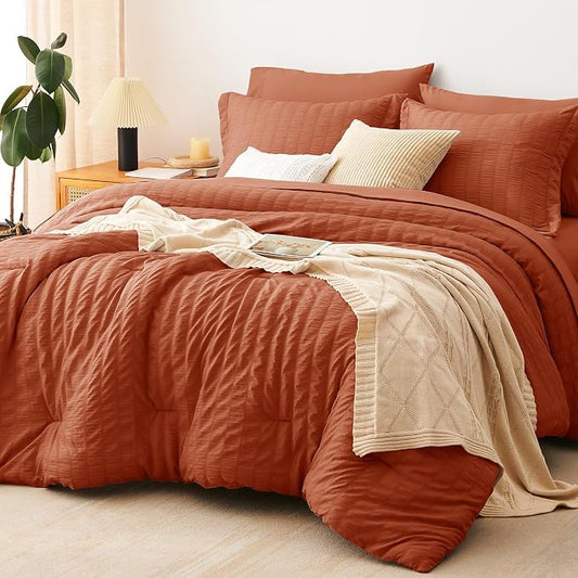 CozyLux Full Size Comforter Sets Burnt Orange, 7 Pieces Seersucker Textured Bed in a Bag Terracotta, All Season Bedding Sets with Down Alternative Comforter, Sheets, Pillowcases & Shams, Home Gift