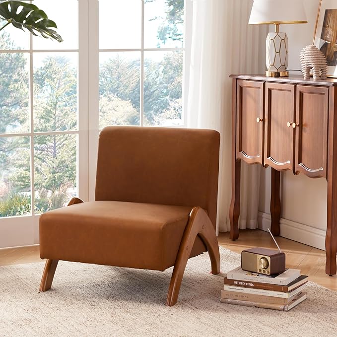 Oversized Accent Chair, upholstered armless mid Century Modern Living Room Chair with Wooden Legs for Bedroom/Office/Cafe, Faux Leather Cognac Brown
