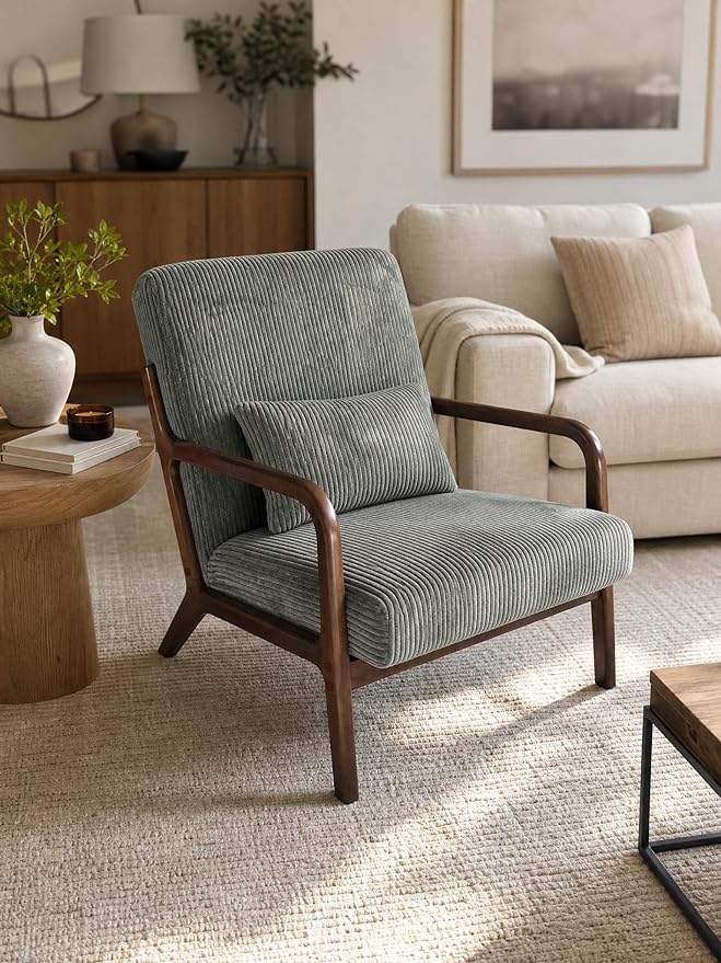 Garvee Mid-Century Modern Accent Chair, Wide-Wale Corduroy Upholstery, Solid Wood Armchair with Removable Lumbar Pillow, Sturdy Reading Chair for Living Room, Bedroom, Guest Room, Easy Assembly, Green