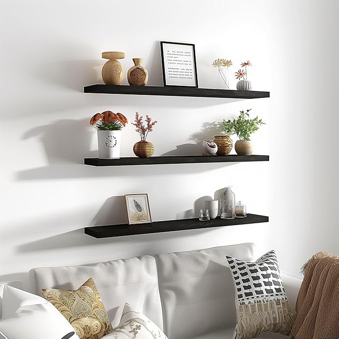 36 Inch Black Wood Floating Shelves for Wall Rustic Wall Shelf for Bedroom Living Room Set of 4