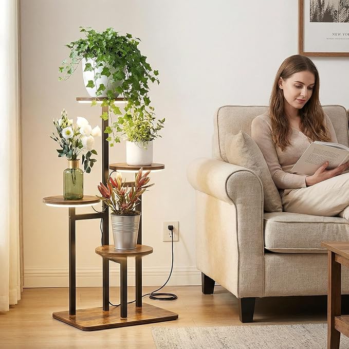 4 Tier Plant Stand Indoor with Grow Light for Multiple Plants | Corner Flower Stand, Vintage Multi-Layer Design, Sturdy Plant Shelf, Space-Saving, Ideal for Living Room Indoor Plant Display