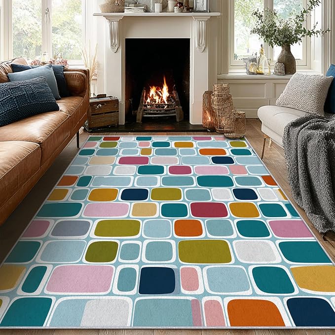 Mid Century Modern Rugs 5x8, Geometric Retro Washable 5 x 8 Area Rug for Living Room, Bedroom, Low Pile Non Slip Stain Resistant Carpet, Mid Century Home Decor Accessories & M910