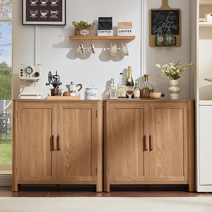 Joaxswe Sideboard Buffet Cabinet with Storage, 31.5" Arc-Shaped Credenza with 2 Doors & Adjustable Shelves, Mid Century Modern Coffee Bar Storage Cabinet for Kitchen, Living Room, Entryway, Darkwood