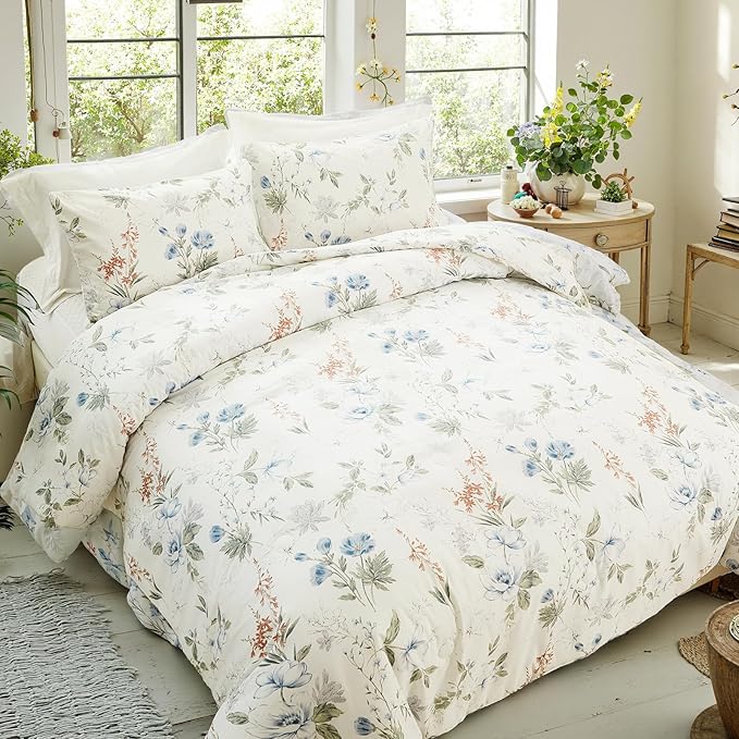 Floral Duvet Cover Twin Size 100% Cotton Reversible Duvet Cover Set with Zipper Closure 2 Pieces Soft & Breathable Green Garden Floral Comforter Cover Sets