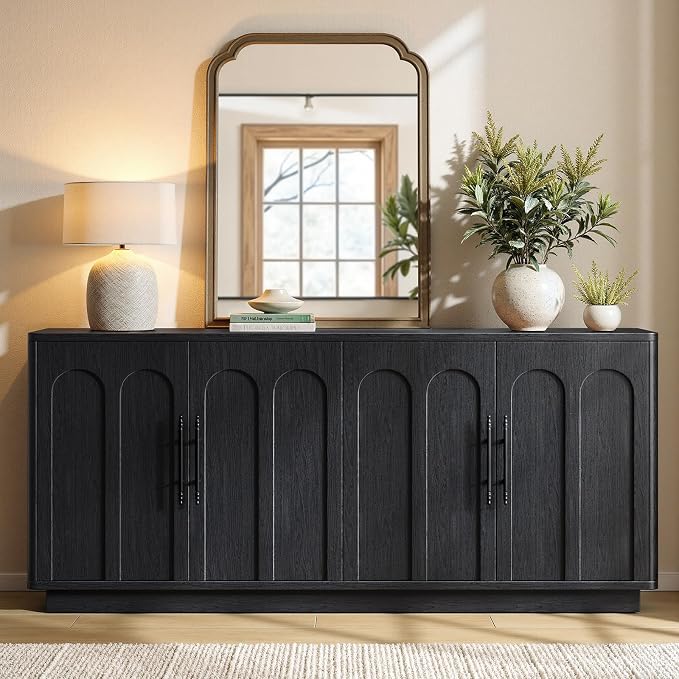 Evermagin 67" Arched Black Buffet Cabinet with Storage, Large Credenza with 4 Doors, Wood Mid Century Modern Sideboard for Kitchen and Living Room (67"*31.5"*15.7")