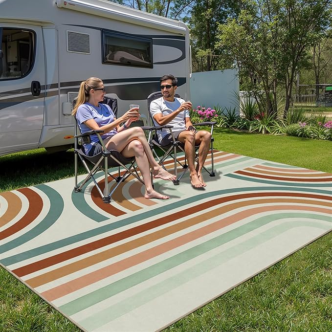 Indoor Outdoor Area Rug, Mid Century Modern Multicolored Outdoor Patio Rug,Washable Abstract Art Rainbow Rugs Non-Slip Carpet for Camping, Bedroom, Deck(5x8)
