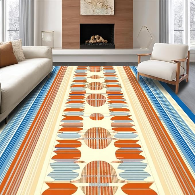 Flatwoven High Traffic Area Rug 6x9, Geometric Sky & Terracotta Art Deco Style, Non Slip, Stain Resistant, Washable Area Rugs for Living Room, Bedroom (Blue, 6x9)