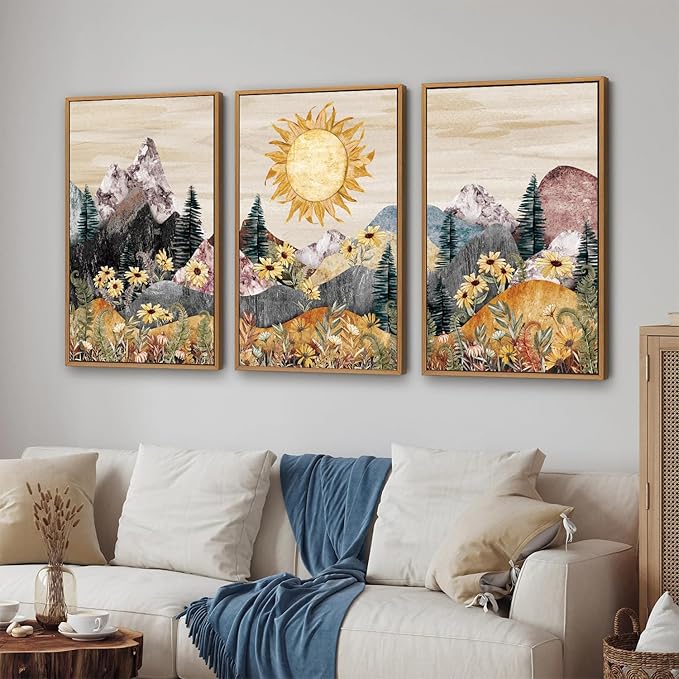 Rantodecor Boho Mountain Framed Canvas Wall Art, Western Daisy Floral Landscape Wall Decor, Rustic Fern Flowers Art Painting, Modern Fantasy Nature Sun Artwork for Bedroom Living Room Office 16"x24"x3