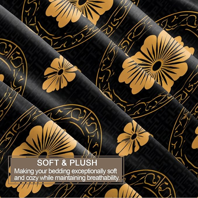 Blossoms Floral Duvet Cover Oversized King, Vintage Greek Key Meander Bedding Set 3 Piece, Luxury Black Gold Patterned Comforter Cover with Zipper Soft Microfiber, 2 Pillowcases