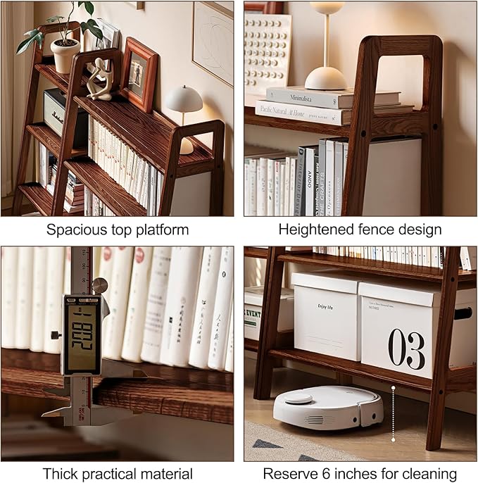 100% Solid Oak 4 Tier Ladder Shelf for Saving Space, Small Bookshelf with Stable Frame, Free Standing Ladder Shelves for Living Room Bedroom Couch(Walnut,17.32" D x 16.53" W x 53.54" H)