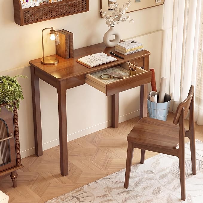 Wood Desk with Drawers - Solid Wood Mid Century Modern Desks for Bedroom, Small Computer Desk for Laptop, Study, Makeup, 31.5 W x 29.5 H x 15.7 D in, Walnut Color