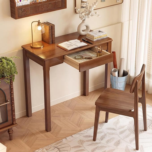 Wood Desk with Drawers - Solid Wood Mid Century Modern Desks for Bedroom, Small Computer Desk for Laptop, Study, Makeup, 31.5 W x 29.5 H x 15.7 D in, Walnut Color