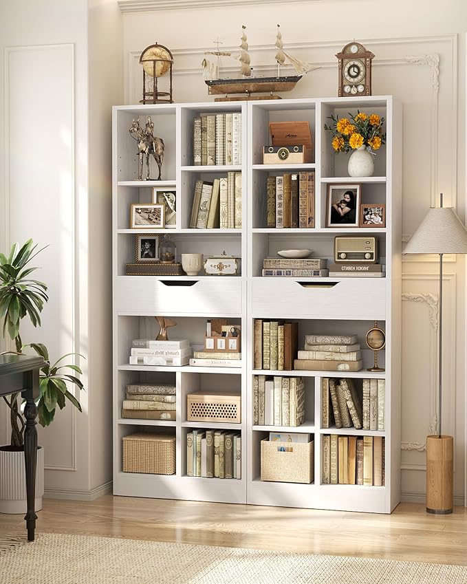 Armocity 16-Tier Tall Bookshelf Set of 2, 73.6" Narrow Freestanding Bookcase with 2 Drawers, Space-Saving Wood Display Shelves Storage for Living Room, Home Office Bedroom, White