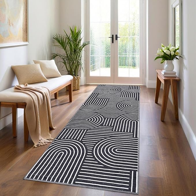 Modern Rug 2.5x8 Runners for Hallways, Abstract Kitchen Runner Rugs Non Slip Bath Runners, Rainbow Washable Runner Rug for Bedroom, Soft Long Rugs for Entryway Bathroom Laundry Dorm, Black
