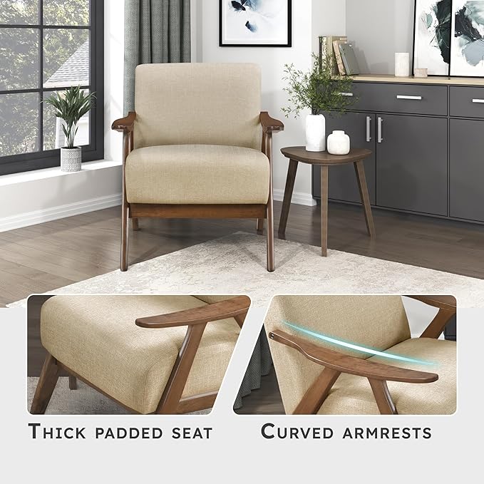 Lexicon Mid Century Modern Accent Chair with Solid Wood Frame in Walnut Finish, Upholstered Living Room Lounge Arm Chair, Thick and Comfy Innerspring Seat Cushion, Linen-Look Fabric, Light Brown