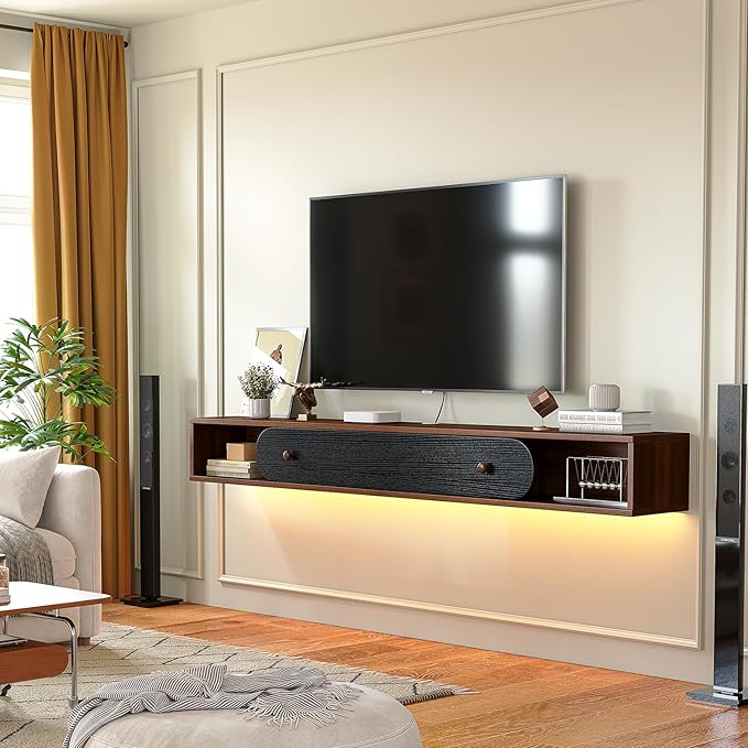 Furninova Floating TV Stand,Wall Mounted Entertainment Center for 65 Inch TV,Plywood Floating Media Console with 1 Flip Down Door & Cable Management,Modern Space Saving TV Shelf,55 Inch,Walnut & Black