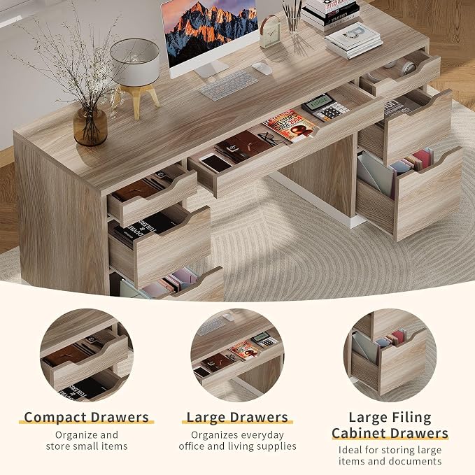 MaverickFurni 54 Inch Computer Desk with Storage Drawers, Executive Desk with 7 Drawers for Bedroom, Office Desk with File Cabinet for Work Study Writing, Small Spaces, White and Walnut