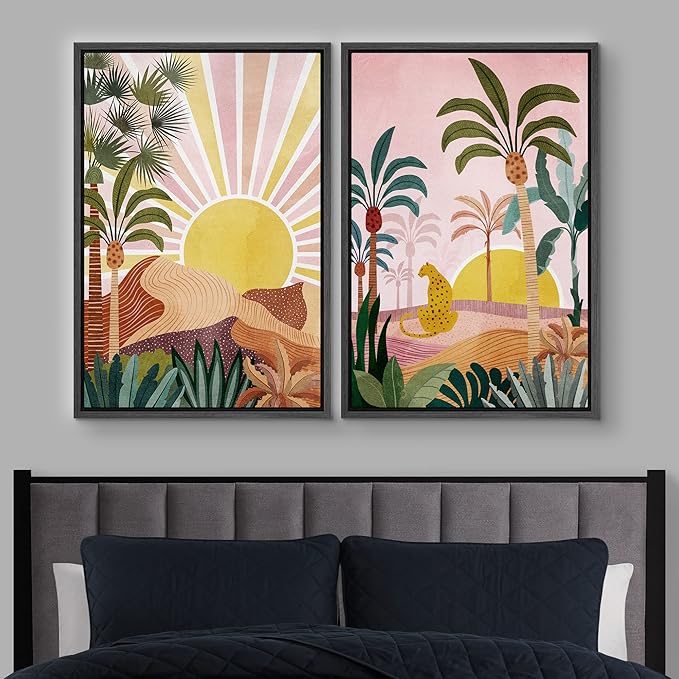 IDEA4WALL Framed Canvas Print Wall Art Set Sunlight Over Tropical Jungle Cheetah Cat Nature Wilderness Digital Art Modern Art Decorative Animals for Living Room, Bedroom, Office - 24"x36"x2 Black