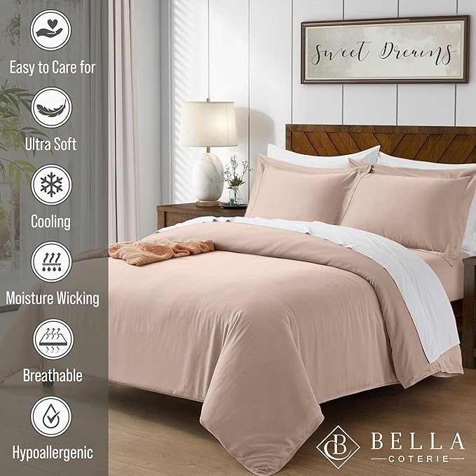 Bella Coterie Luxury Bamboo Viscose California King Size Duvet Cover Set | 100% Organically Grown | Corner Ties | Ultra Soft | Cooling | Two Pillow Shams | 106 x 94 | No Insert [Dusty Rose]