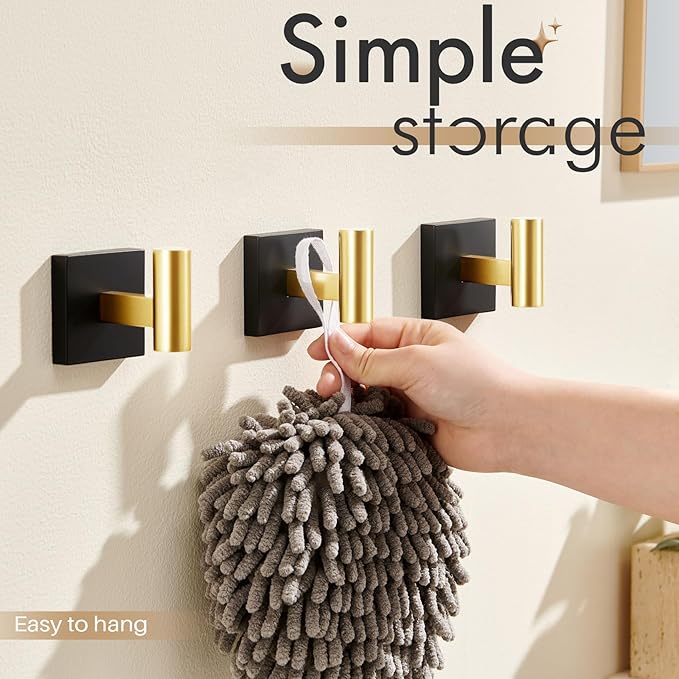 KOKOSIRI Robe Hooks for Bathrooms Towel Hook Wall Mounted Coat Hooks, Bathroom Hardware 2 Pack Black with Gold Stainless Steel B1013GDK-P2