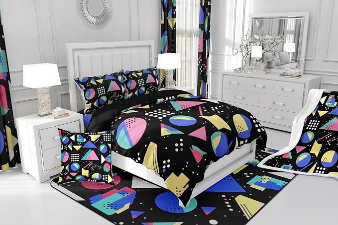 80s 90S Fashion Style Bedding Set Queen Size,Retro Memphis Style Pattern with Geometrical Shapes Duvet Cover for Kids Child,Funky Hipster Old Fashioned Comforter Cover Geometric Bedroom Decor
