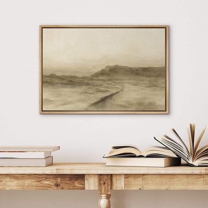 SIGNWIN Framed Canvas Print Wall Art Dusty Desert Road Tranquil Neutral Landscape Illustrations Minimalism Decorative Boho Multicolor Retro for Living Room, Bedroom, Office - 24"x36" Natural