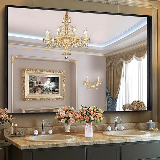 CIRCUMI Black Bathroom Mirror, 60"x40" Rectangular Mirror with Deep Metal Frame, Brushed Finish, Tempered Glass, Large Mirror for Wall, Over 2 Sinks, Installed Vertically/Horizontally, Crystal-Clear