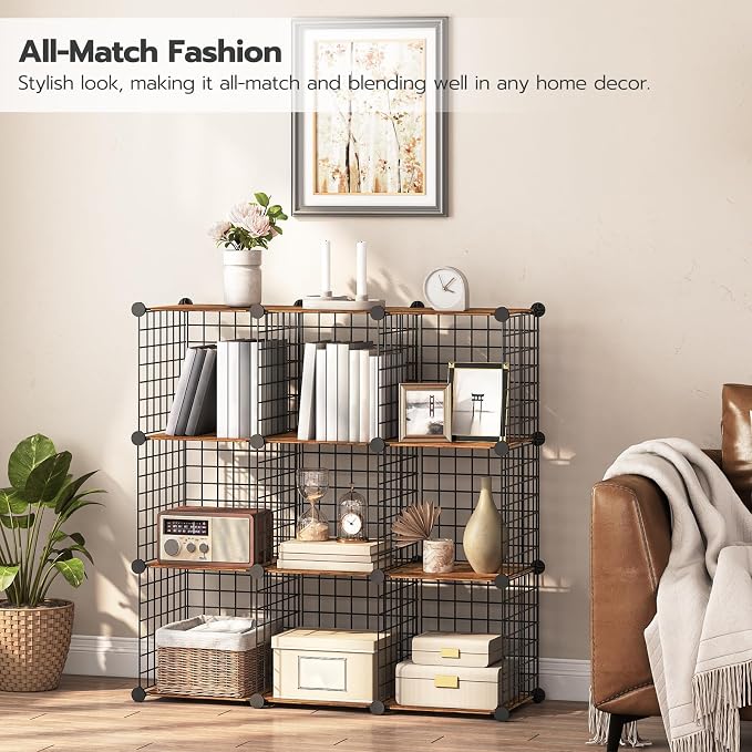 HOOBRO Wire Cube Storage Organizer, 9-Cube Shelves, Modular Shelves with Metal Grid, DIY Closet Cabinet for Living Room, Bedroom, Rustic Brown and Black BF09CW01