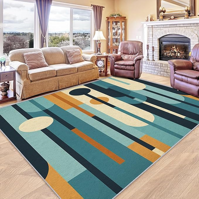 Mid Century Rug 3x5, Washable Modern Geometric Rugs for Living Room Bedroom, Abstract Mid-Century Area Rug for Home Decor, Non Slip Backing Floor Carpet - 3 x 5 ft