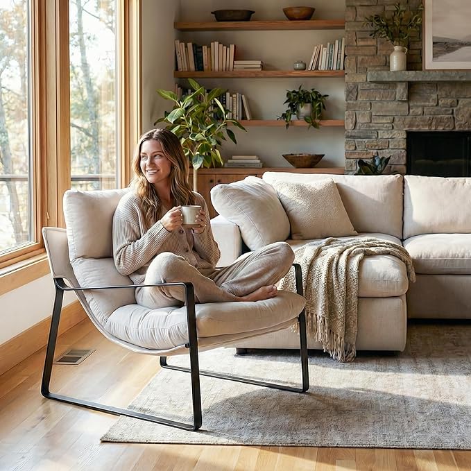 LukeAlon Modern Accent Armchairs Set of 2, Upholstered Soft Living Room Chairs with Metal Base Removable Thickened Cushion Sofa Chairs Comfy Lounge Chair for Bedroom Living Room, White Chenille