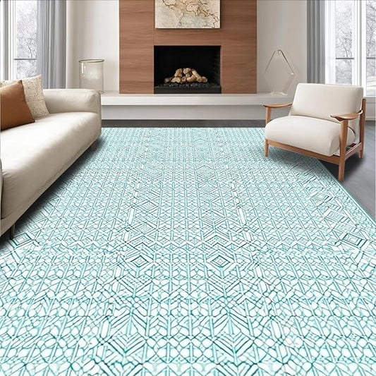Flatwoven High Traffic Area Rug 4x6, Geometric Diamond Trellis, Non Slip, Stain Resistant, Washable Area Rugs for Living Room, Bedroom (Teal, 4x6)