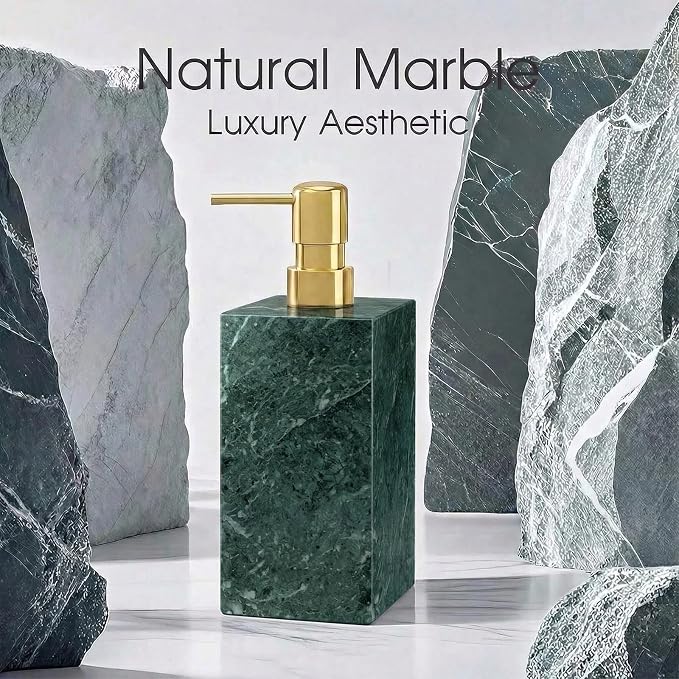 2 Set Real Natural Marble Soap Dispenser with Stainless Steel Pump – Decorative Liquid Hand Soap Bottle for Kitchen & Bathroom, Compatible with Lotion, Dish Soap & Shower Gel (Green)