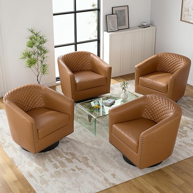 UIXE Swivel Accent Chairs Set of 4, PU Leather Barrel Club Chair for Living Room, Upholstered Round Armchair Comfy Single Sofa Bedroom Reading Seat - Coffee