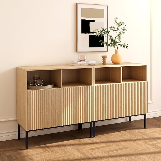 Set of 2 Oxford Fluted Storage Cabinet, Sideboard Buffet Credenza with Doors, Accent Console for Living Dining Room, Entryway