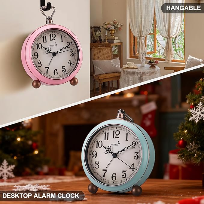 FLOITTUY 4.5" Battery Operated Antique Retro Analog Metal Alarm Clock, Silent Bedside Desk Clock, Wall-Hanging Vintage Clock(Vintage Pink)