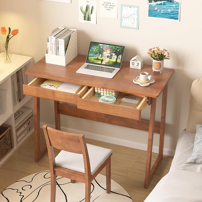 Solid Wood Desk with 2 Drawers, Mid Century Modern Home Office Desk, Vintage Writing Desks for Small Spaces, Walnut Color Computer Desk with Drawers for Study Bedroom Living Room 39.4" W