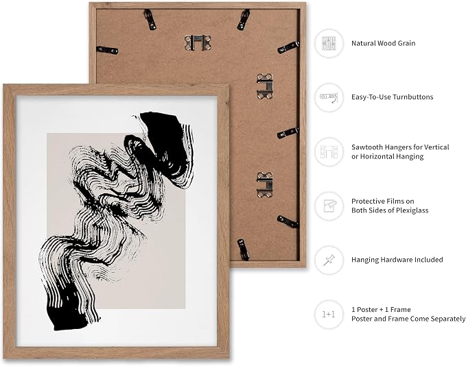 Poster Master Brush Waves Poster - Black Brush Wave Stroke Print - Abstract Design - Drawing Artwork - Mid Century Modern Art - Minimal Design - Living Room or Bedroom Wall Decor - 16x20 Beige Framed