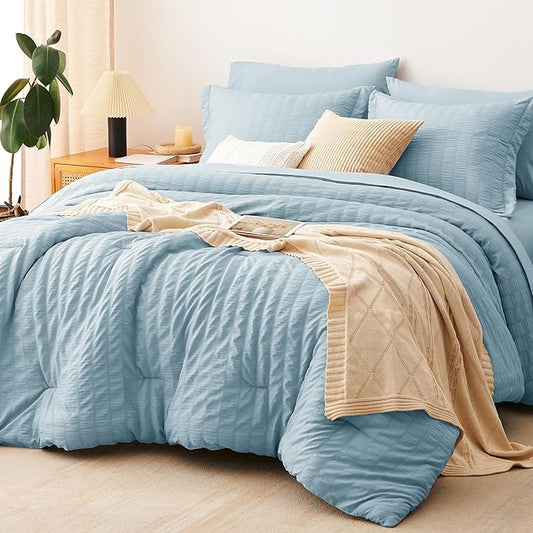 CozyLux Full Size Comforter Sets Light Blue, 7 Pieces Seersucker Textured Luxury Bed in a Bag, All Seasons Soft Bedding Sets with Down Alternative Comforter, Sheets, Pillowcases & Shams, Home Gift