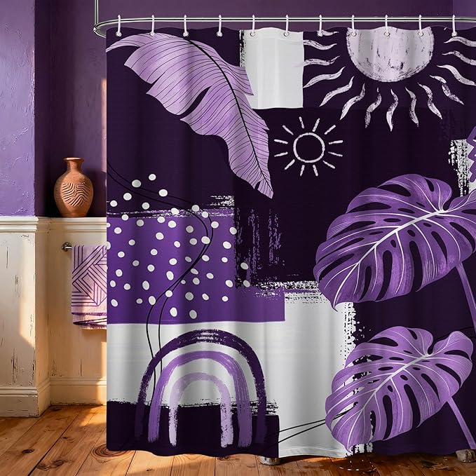 Purple Mid Century Modern Shower Curtain Bohemian Abstract Lavender Shower Curtains for Bathroom Decor Sets, Waterproof Cloth Fabric with Hooks, 72x84 Inch