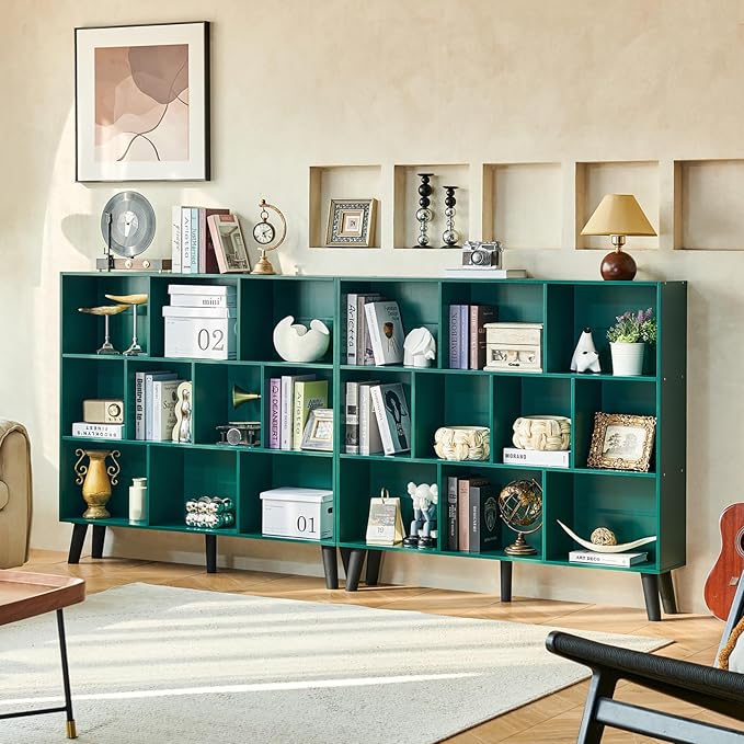 LEYAOYAO 10 Cube Bookshelf,3 Tier Modern Wide Bookcase with Legs,Mid-Century Wood Bookshelves Storage，Dark Green Large Book Case,Freestanding Organizer Display Shelf for Bedroom,Living Room,Office