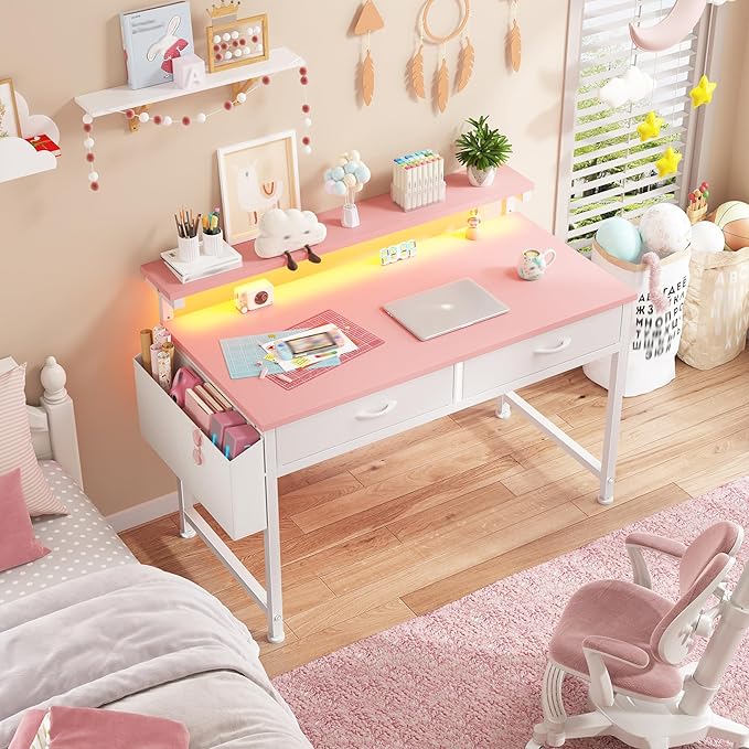DurayLoly 31Inch Small Computer Desk with LED Lights & 2 Fabric Drawers, Gaming Desk with Side Pocket & Ergonomic Monitor Stand, Small Space Study Writing Table with Anti-Tip Design,Pink