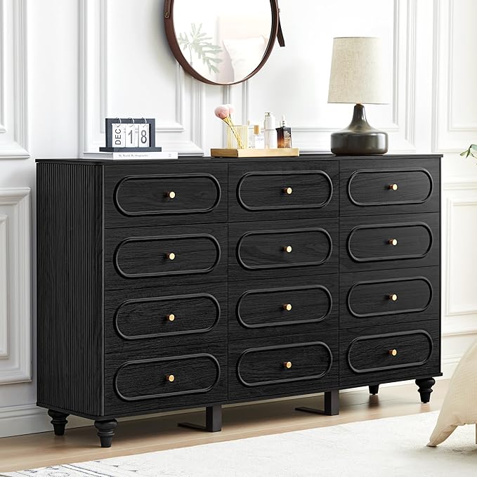 ORRD 12 Drawer Fluted Dresser for Bedroom, Mid Century Modern Chest of Drawers, Wood Storage Small Dresser Organizer for Bedroom Living Room Hallway Closet, Black