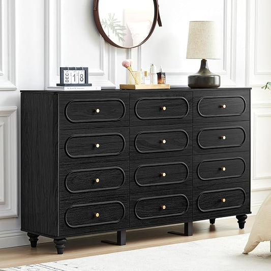 ORRD 12 Drawer Fluted Dresser for Bedroom, Mid Century Modern Chest of Drawers, Wood Storage Small Dresser Organizer for Bedroom Living Room Hallway Closet, Black