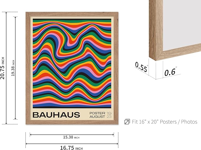 Poster Master Bauhaus Poster - Psychedelic Waves Print - Abstract ART - Rainbow ART - Groovy Style - Chic Boho - Mid Century Modern - Living Room or Bedroom Wall Decor - 16x20 Beige Framed