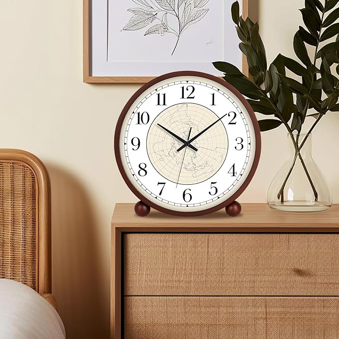 Maxspace Wooden Table Clock,8in Silent Non-Ticking Desk Clock,Battery Operated Desktop Analog Clock for Living Room Bedroom Kitchen Office Classroom Decor (Walnut - Map)
